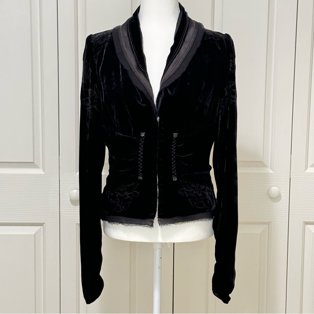 Elie Tahari Velvet Embroidered Jacket Black Silk Blend Vintage